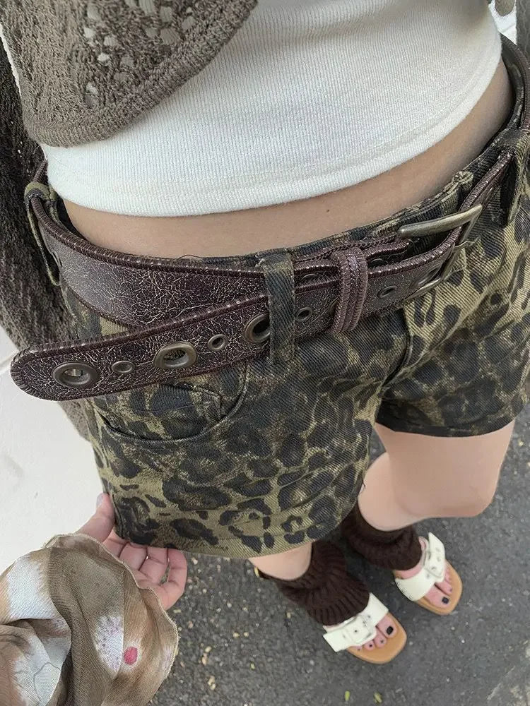 Sexy Leopard Printed Denim Shorts Women Vintage Y2k Low Waist Gyaru Streetwear Summer 2024 Chic Female Retro Short Jeans