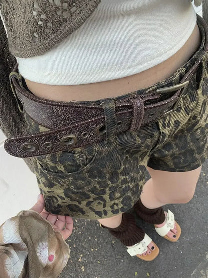 Sexy Leopard Printed Denim Shorts Women Vintage Y2k Low Waist Gyaru Streetwear Summer 2024 Chic Female Retro Short Jeans