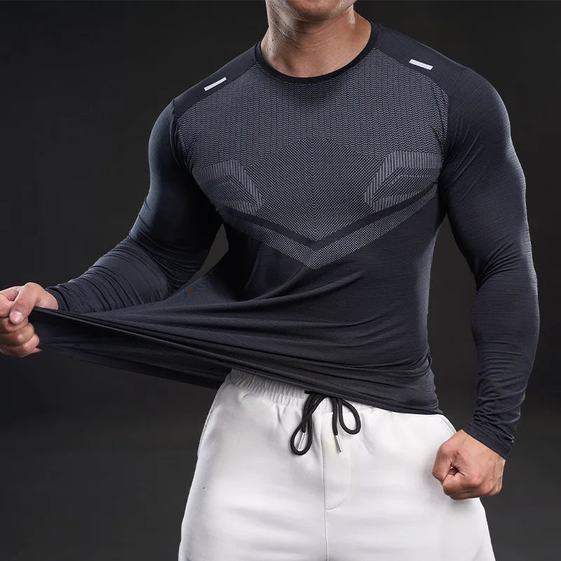 Loose-fit men's plain quick-dry breathable ice silk long-sleeve T-shirt for summer fitness and sports