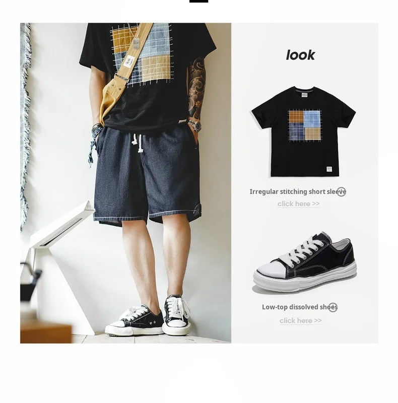 Vintage Cool-Touch Denim Shorts Men's Summer Lightweight Straight Leg Elastic Waist Jeans Shorts Breathable Casual Bottom