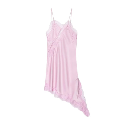 Summer Women Fashion Asymmetry Lace Decorate Dress Female Sexy Sleeveless Backless Halter Neck Collar Beach Party Dress