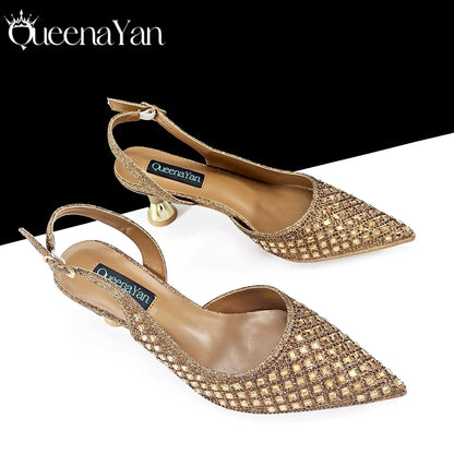 Coffee Color Elegant Lady Shoes And Bag Set with Full Rhinestone Embellished Pearls-knot And Comfortable Heel
