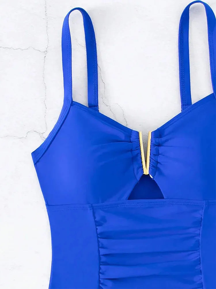 2026 V Neck Pleated Swimsuits Female Swimwear One Piece Swimsuit Women High Cut Bather Bathing Suit Swim Beachwear Slim Bodysuit