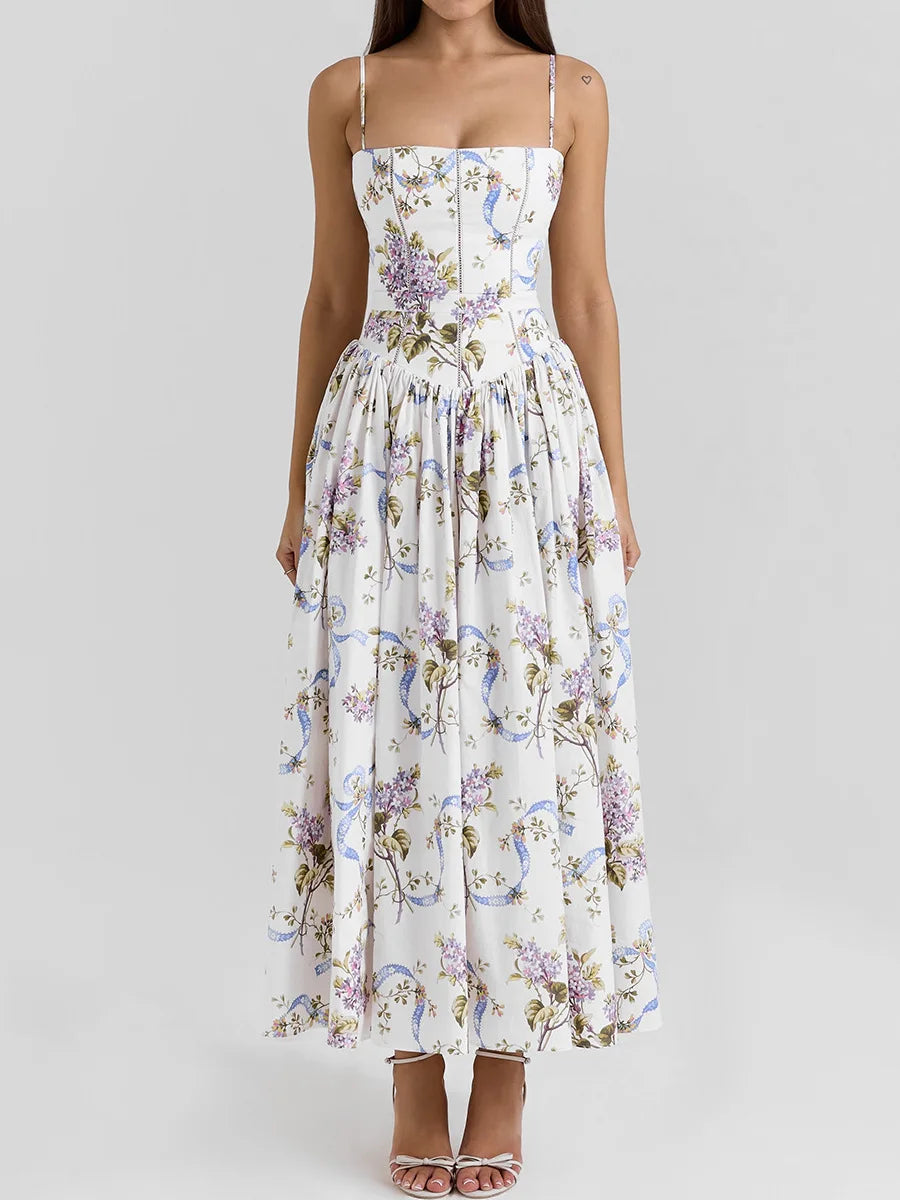 Summer Floral Print Dress Elegant 2025 New Arrivals Spaghetti Strap Flare Dress Maxi Holiday Party Dresses Women