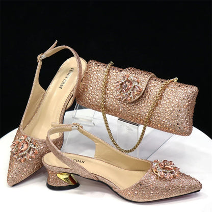 Royal Blue Sandals for Women 2024 Luxury Wedding Pumps Med Heels Rhinestone Design Party Shoes and Bags Set