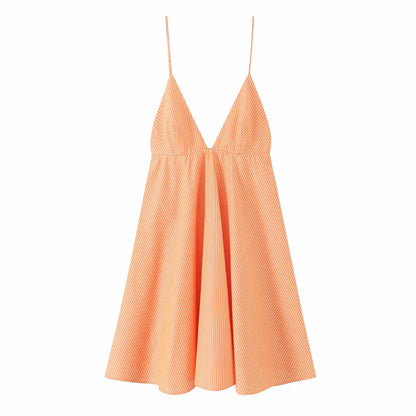 Women Summer Orange Striped Backless Zipper Mini Dress Thin Straps V-Neck Female Chic Lady Dresses Vestidos Para Mujer