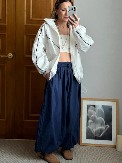 Summer Cotton Oversized Pants For Women Blue Baggy Aladdin Trousers Elastic Bloomers Navy Blue Cropped Lantern Harem Pants Woman