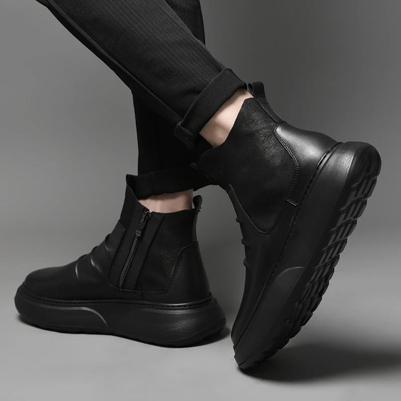 Luxury Brand Male Slip on Chelsea Boots Genuine Leather Mens Warm Winter Shoes High Quality Ankle Boots Men Handmade Snow Boots