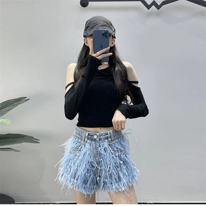 Summer Street Hot Girls Short Jeans Female Chic Feather Diamond Denim Shorts Women Retro Washed Hot Pants Sexy Night Club Shorts