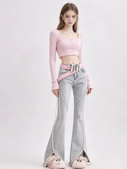 Harajuku Streetwear Retro Fashion Women High Waist Jeans Horn Fork Design Wide Leg Straight Loose Denim Trousers Y2K Baggy Pants