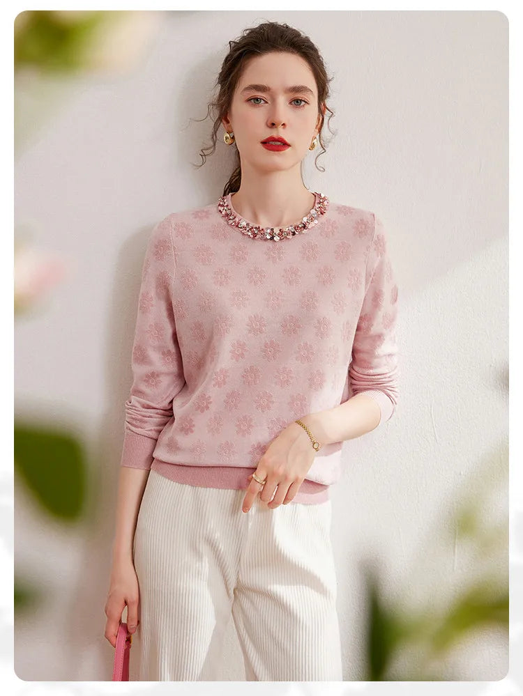 2024 Autumn Elegant Jacquard Fashion Glitter Bead Chain Decoration Round Neck Long Sleeve Women's Knitted Shirt