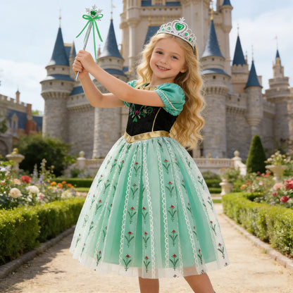 Elsa Anna Dress for Girls Short Sleeve Dress Snow Queen Floral Print Dress Cosplay Birthday Party Children Kids Carnival Clothes