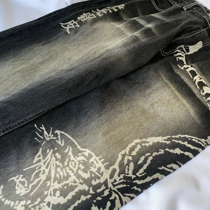 2025 Fashion New Oversized Pattern Printing Baggy Jeans Men Y2K Street Vintage Rock Casual Straight High Waist Wide Leg Trousers