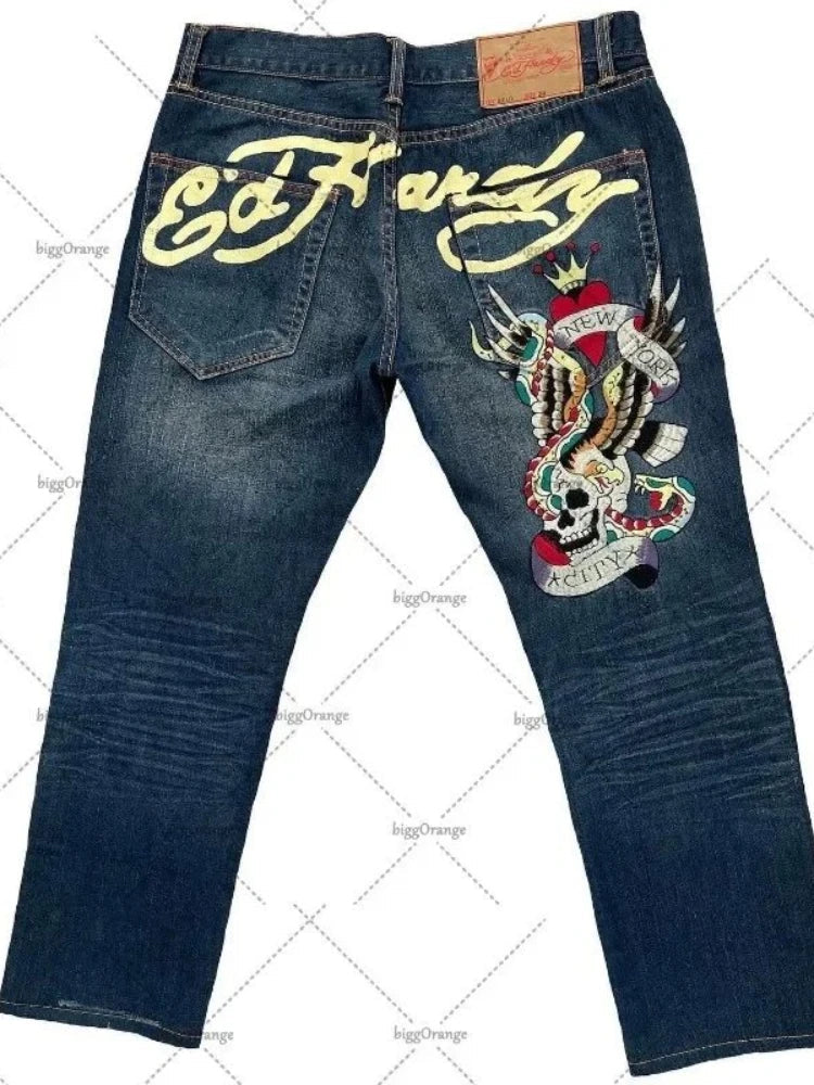 Mens Jeans Streetwear Y2K Vintage Straight Leg Denim Pants Skull Rose Flame Print Design Loose Fit Retro Punk Hip Hop Fashion