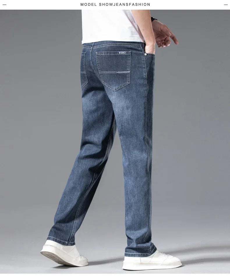 2024 Men's New Autumn Straight Casual Jeans Light Blue Classic Breathable Comfortable No Ironing Stretch Denim Trousers Male