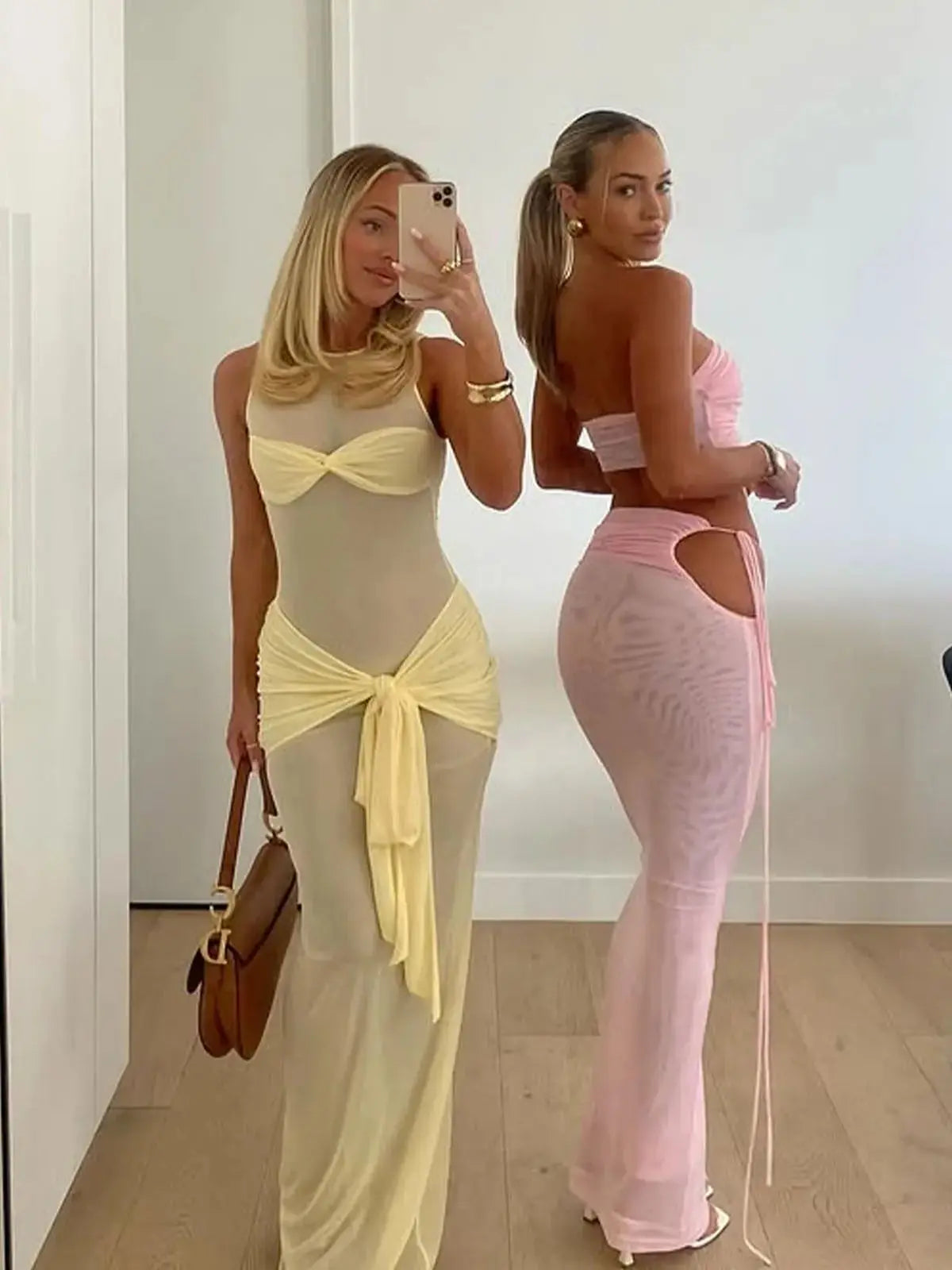 Women's fashion Pale Yellow Sheer Mesh Maxi Dress with Twist Front & Self-Tie Waist,Back to School,Fall Dresses For Women
