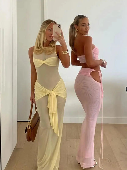 Women's fashion Pale Yellow Sheer Mesh Maxi Dress with Twist Front & Self-Tie Waist,Back to School,Fall Dresses For Women