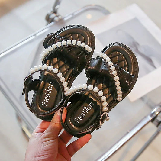 Chic Girls Pearl Flat Sandals 2026 Summer Baby Princess Girls Children Beige Dance Performance Shoes Girl Platform Sandal G05223