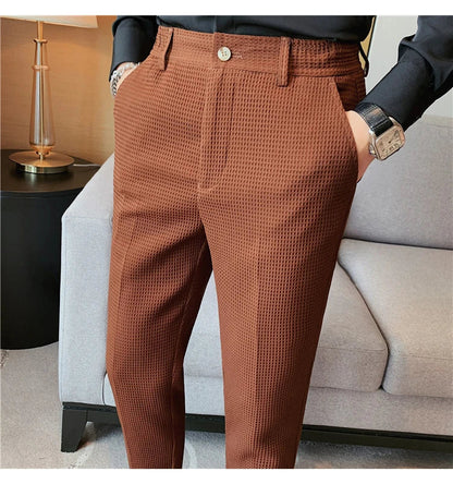 2024 Autumn New Waffle Stretch Waist Business Formal Pants Men Fashion Wedding Slim Trouser Mens Brand Social Party Suit Pants