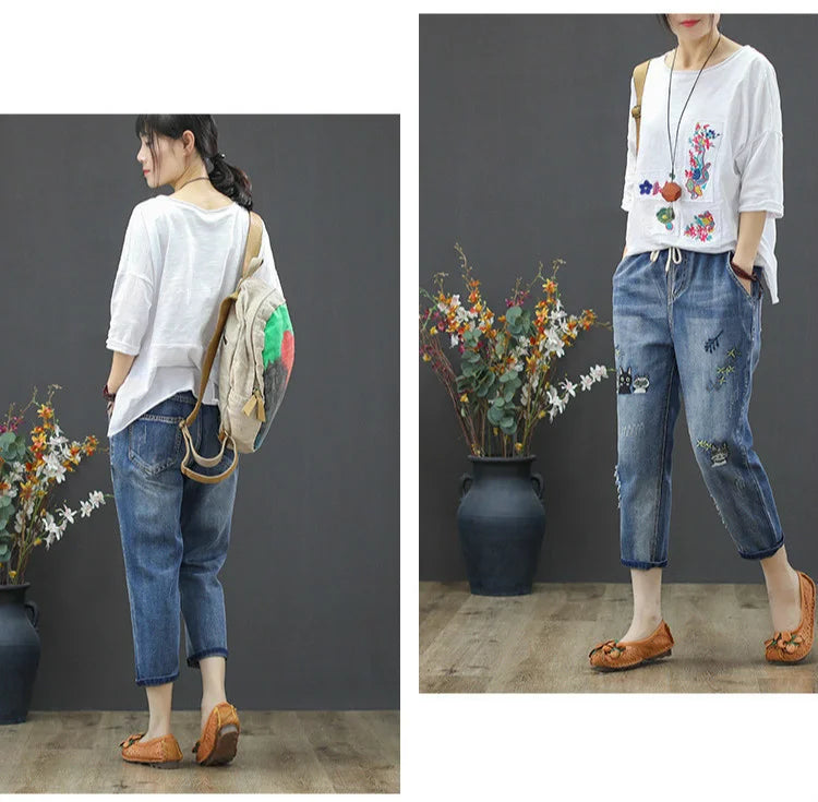 2025 Fashion Summer Streetwear Denim Trousers Ladies Vintage Elastic Jeans Womens Casual Loose Embroidery Harem Pants