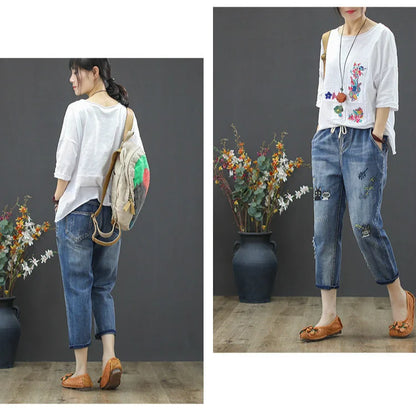 2025 Fashion Summer Streetwear Denim Trousers Ladies Vintage Elastic Jeans Womens Casual Loose Embroidery Harem Pants