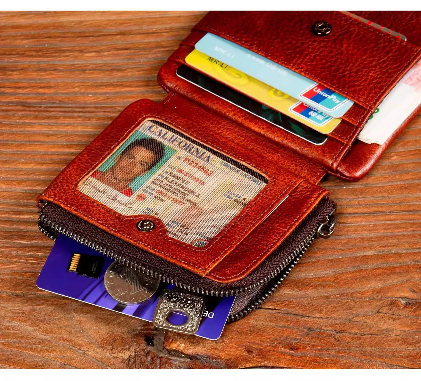 Men's Hand-Rubbed Genuine Leather Short Wallet Top-Grain Vegetable-Tanned Zipper Wallet with Driver's License Card Holder