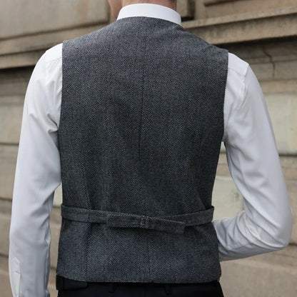 Men Vest Gray Herringbone V Neck Single Button Waistcoat For Wedding Prom Business Casual Formal Daily Office Work Men Suit Vest
