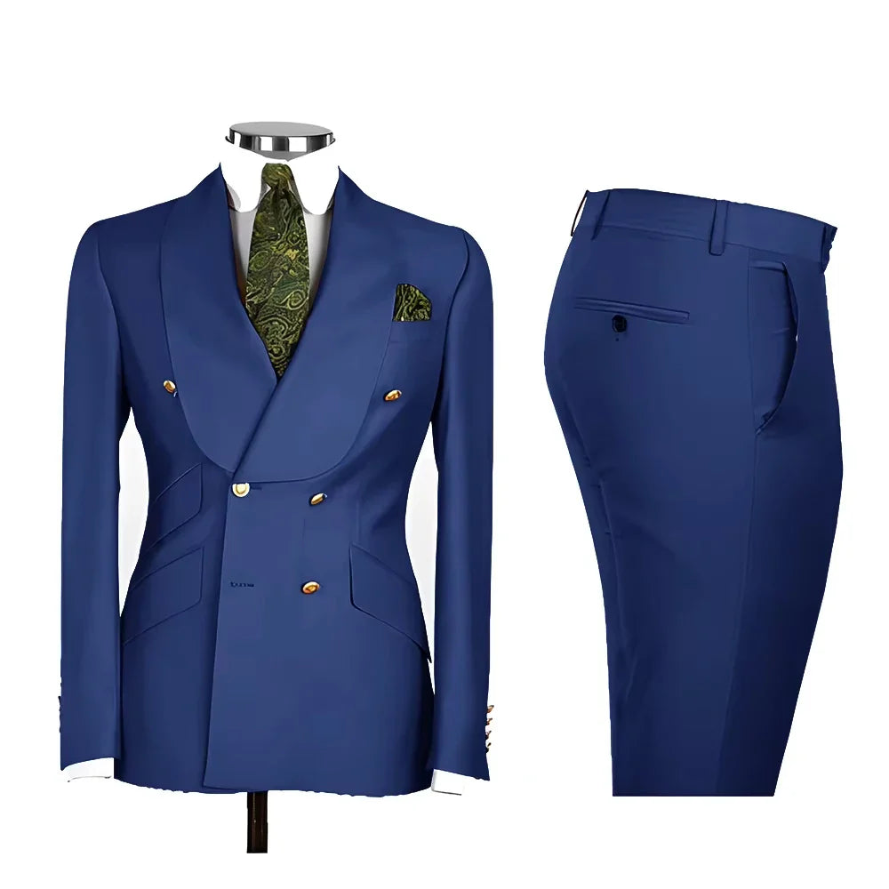 Men's Suit in Blue Color Double Breasted 2 Piece Blazer  Pants  Slim Fit Set Custom Business Luxury Tuxedo Casual Wedding Groom