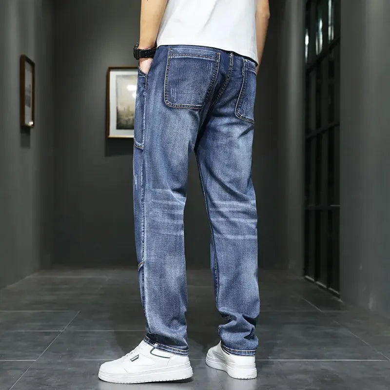 Male Cowboy Pants Straight Trousers with Pockets Blue Jeans for Men Retro Baggy Buggy Autumn Clothing Washed Original Winter Xs