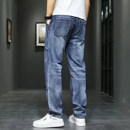 Male Cowboy Pants Straight Trousers with Pockets Blue Jeans for Men Retro Baggy Buggy Autumn Clothing Washed Original Winter Xs