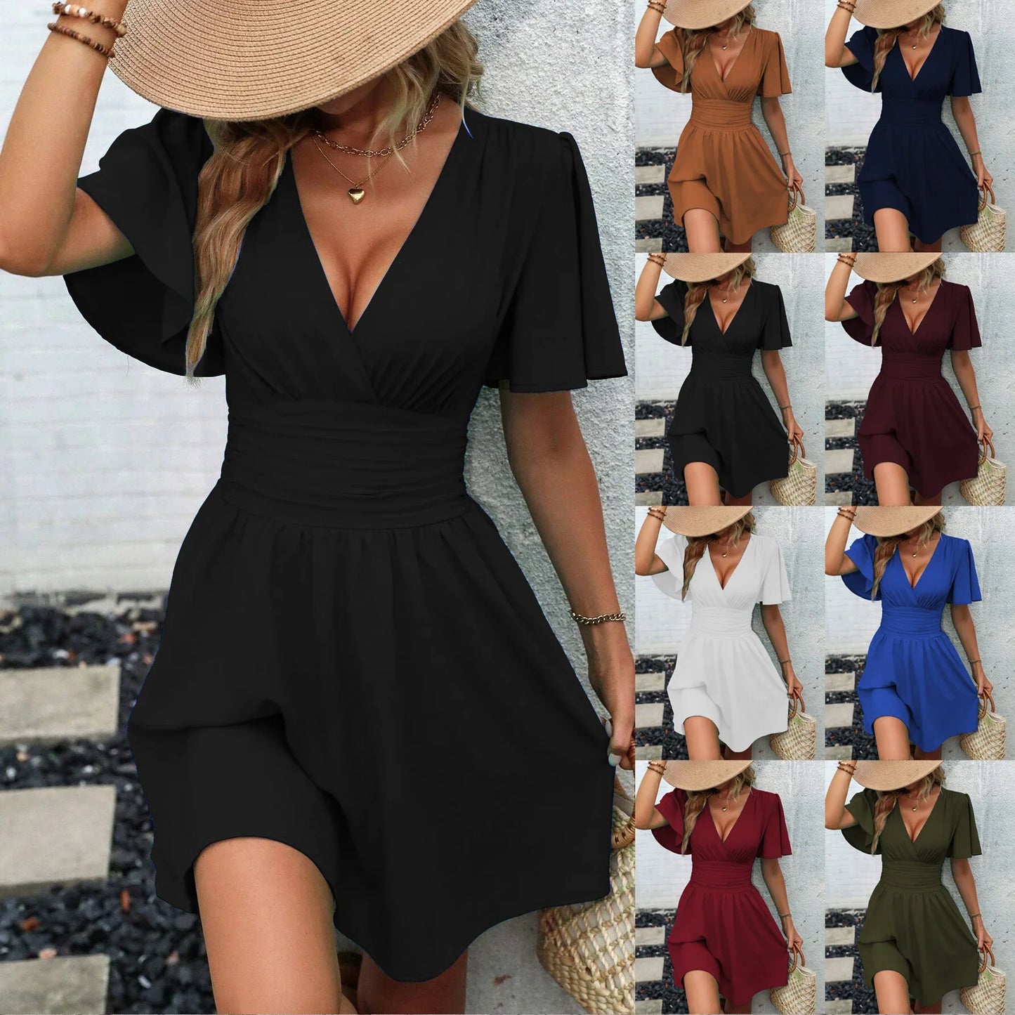 2025 New Summer Deep V-Neck Smocked Ruffled Sleeves Bodycon Dress Women French Retro Style Solid Color Short Long Midi Maxi Dres