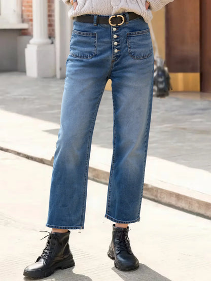 Women's Casual Loose Stretch Denim Pants Front Button Comfortable Washed Nine-Inch Long Trousers