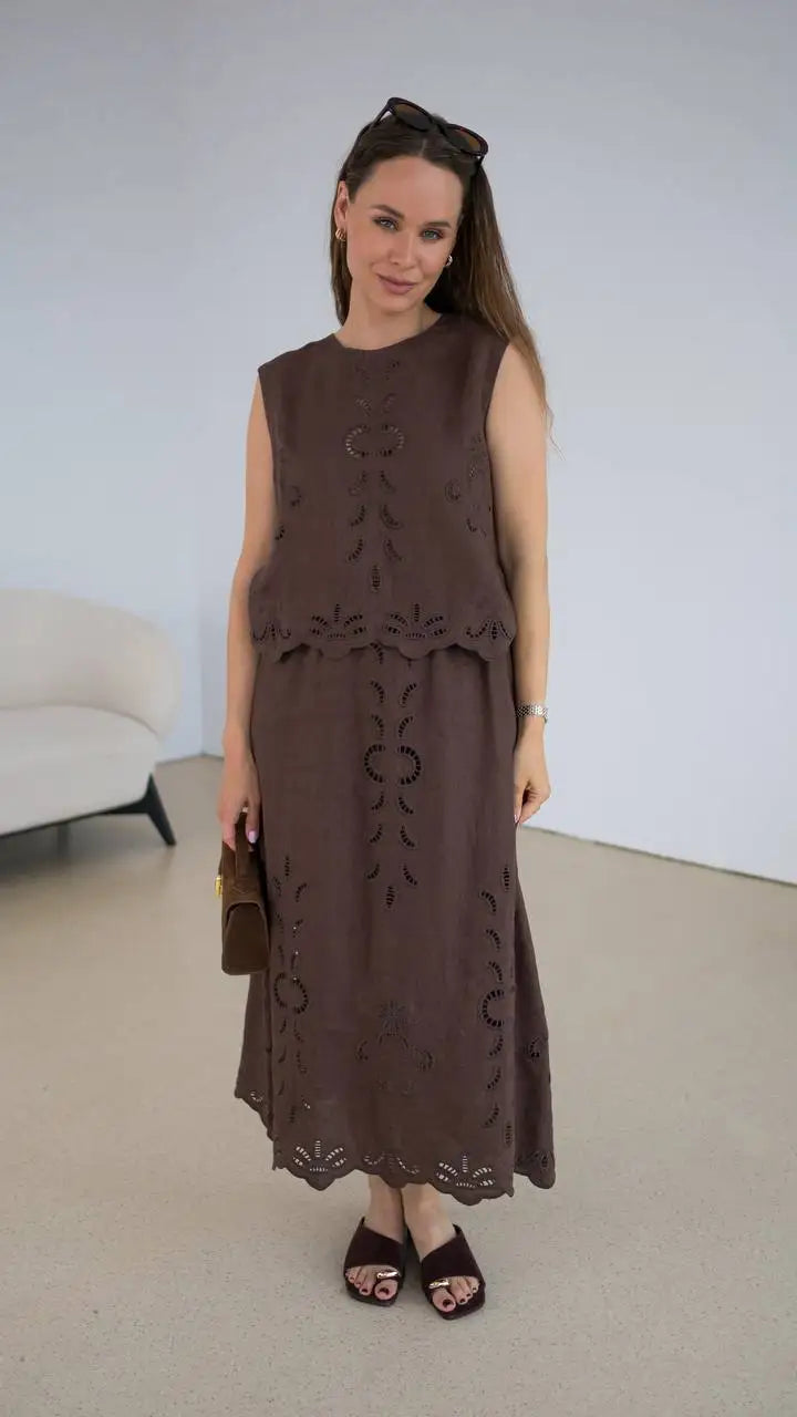 Summer Women Linen Two Piece Set Cut-Out Embroidered Sleeveless Top Midi Skirt Boho Beach Vacation Style