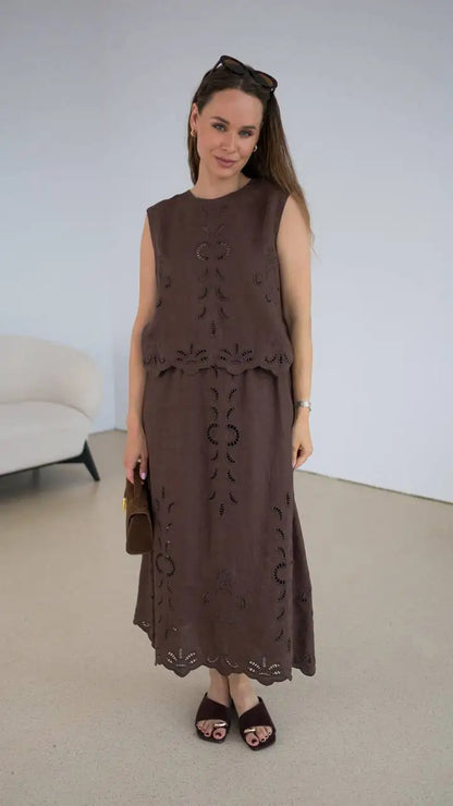 Summer Women Linen Two Piece Set Cut-Out Embroidered Sleeveless Top Midi Skirt Boho Beach Vacation Style