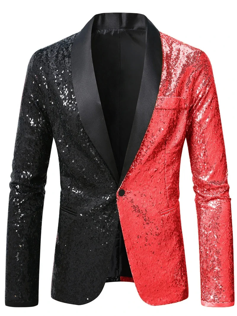 2026 Men's Suit Jacket, Shiny Sequin Stage Performance Coat, White Silver Blue Red Purple Blazers V-neck Single Button S-XXL