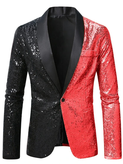 2026 Men's Suit Jacket, Shiny Sequin Stage Performance Coat, White Silver Blue Red Purple Blazers V-neck Single Button S-XXL