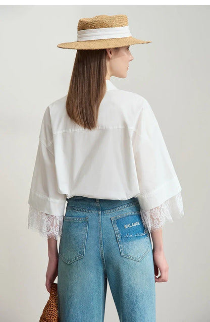 Minimalist Cotton  Shirts for Women 2025 Summer New Solid Lapel Shoulder Half-sleeve Lace Splicing Loose Tops 12542096