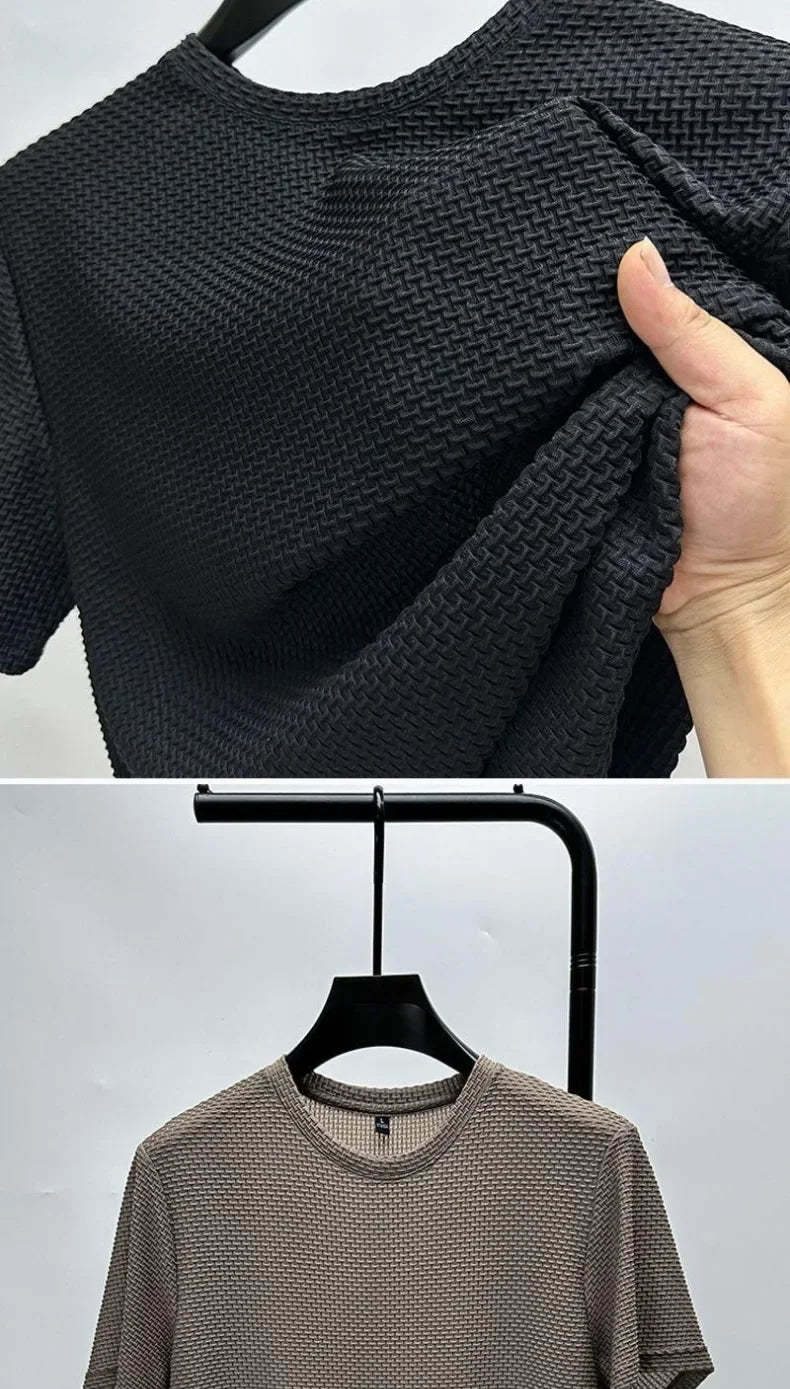 Men Ice Silk Bamboo Mesh T-shirt Summer Elastic Short Sleeve Round Neck Tees Casual Slim Fit Basic Tops Trendy Male Daily Streetwear Shirts