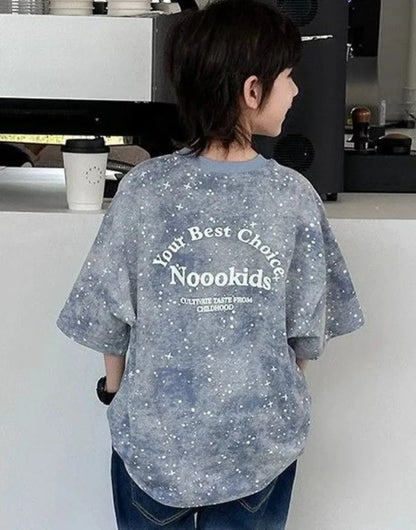 2026 New Boys' Summer Starry Sky Tie Dye Short Sleeve T-Shirt Pure Cotton Stylish Boys' Tops Trendy Summer Wear