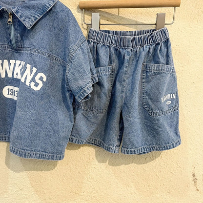 Summer Baby Girls Boys Cotton Alphabet Half Zip Denim T-Shirt Tops+Shorts Pant School Kids Tracksuit Child 2PCS Outfit 1-12Years