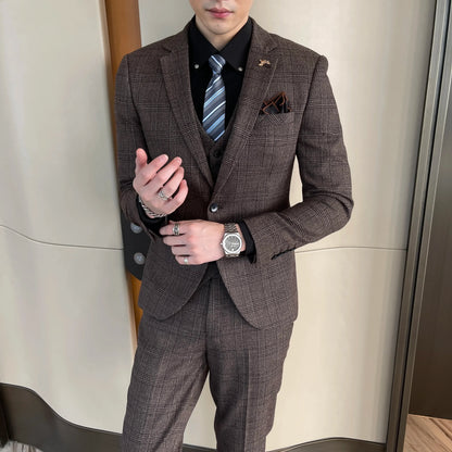 British Korean Style High Quality Modified Plaid Three-Piece Suit for Men - Stylish Business Casual Suit Vest And Trousers Set