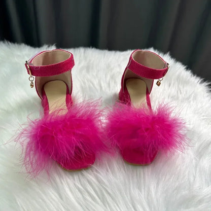 Toddler Girls Sandals Summer Low-heels Children's Sandals Open-toe Princess Fluffy New Versatile Kids Fashion Ankle-strap Shoes