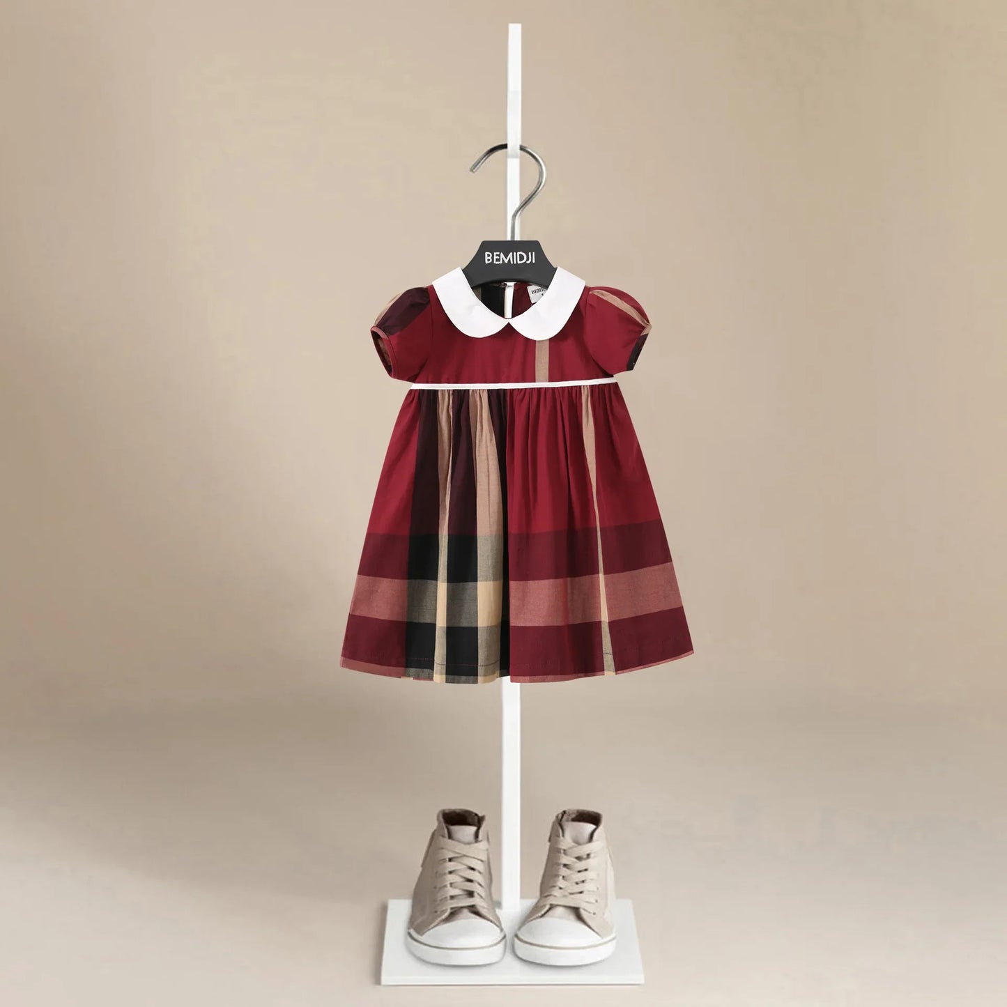Summer Short Sleeves Kids Girl's Dress Long Sleeves Retro Style Red Plaid Striped Doll Collar Princess Doll Dresses Kids Clothes