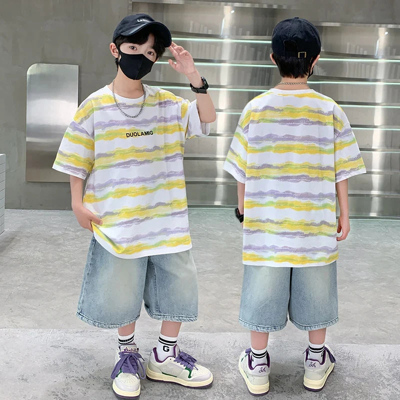 2025 New Arrival Summer Boy Clothing Set Yellow Stripe Tshirt + Denim Shorts Two Pieces Outfit Clothes Set for Kids Child 5-14T