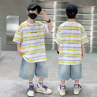 2025 New Arrival Summer Boy Clothing Set Yellow Stripe Tshirt + Denim Shorts Two Pieces Outfit Clothes Set for Kids Child 5-14T