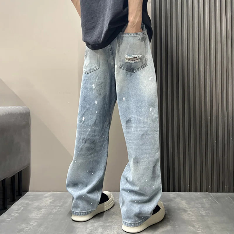 Korean Men'S Splashed Ink Jeans Casual Loose High Street Summer Ripped Denim Pants Retro Graffiti Straight Leg Pants