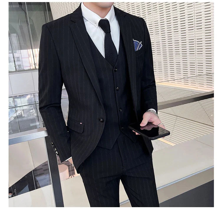 Winter Stripes Three-piece High-Grade Groom Wedding Suit with Vest And Trousers Business Fashion Handsome Casual Wedding Outfit