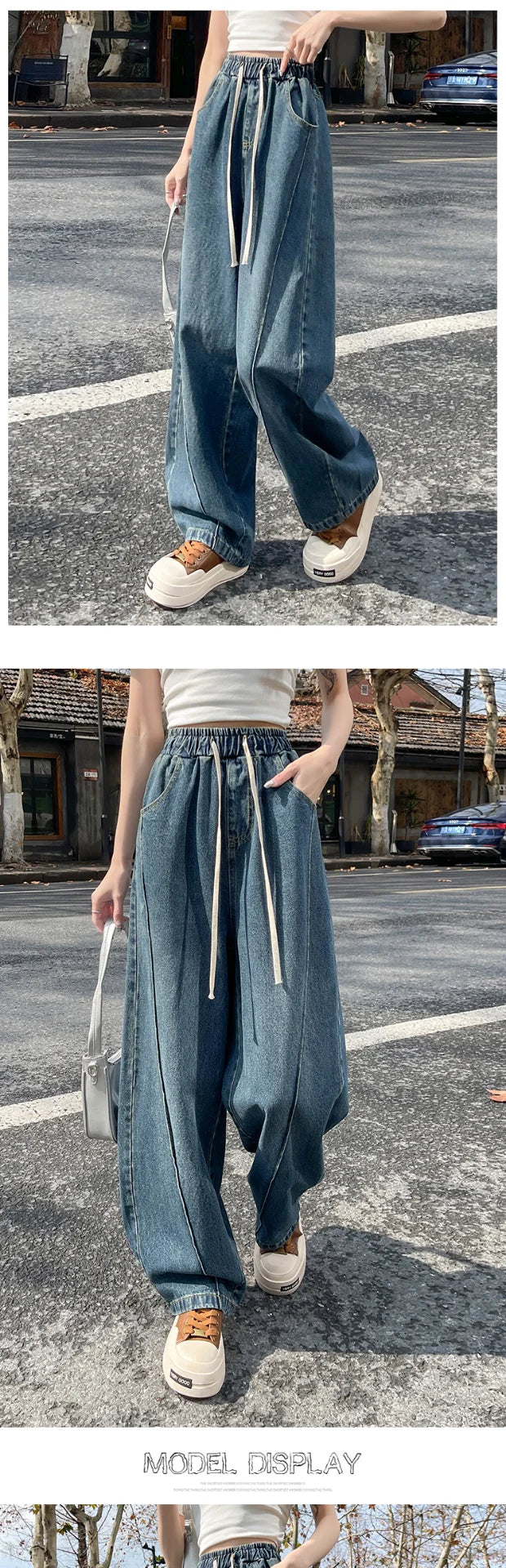 High Waist Wide Leg Jeans Women's Loose Fit Dstring Elastic Waist Long Trousers Blue Denim Spring Season Faion plus Size