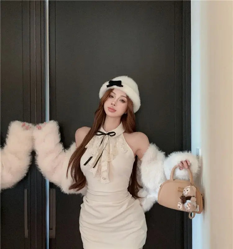Hotsweet Y2k Dress Women Lace Splicing Bow Halter Waist Slim Fit Hip Mini Dresses Fashion Birthday Party Vestido Summer