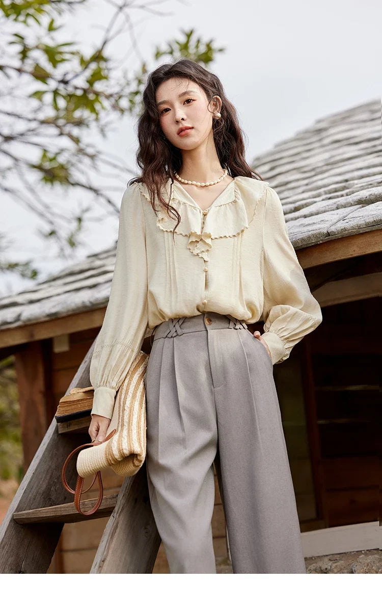 Lotus Leaf Collar Shirt Bubble Sleeves Pink Shirt for Women Spring 2025 Sweet Chiffon Top Temperament Shirts MXE12X1702